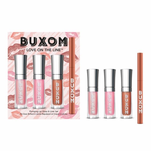 A set of BUXOM lip glosses and a lip liner, displayed with pink and silver packaging, and a promotional box in the background.
