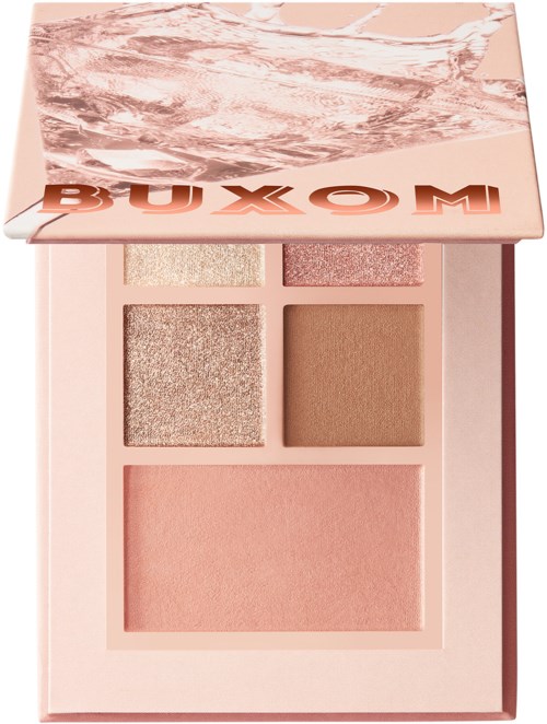 En rougepalette med fyra nyanser: skimriga, matta och rosa färger i ett rosa fall.