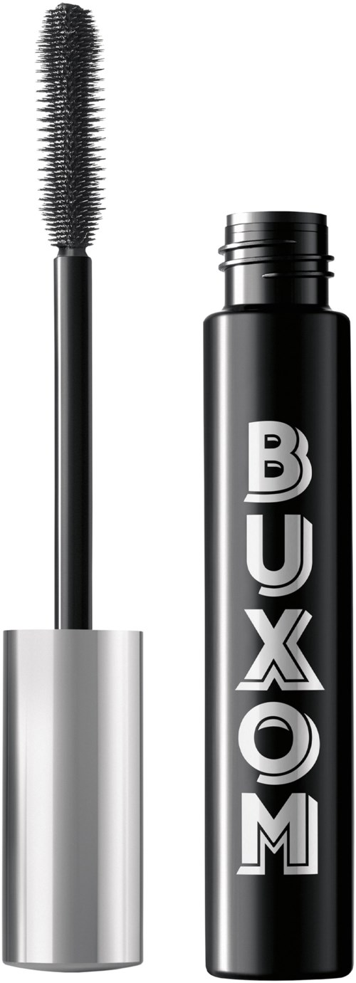 A mascara tube with wand. The tube is black with white letters spelling 'BUXOM.'
