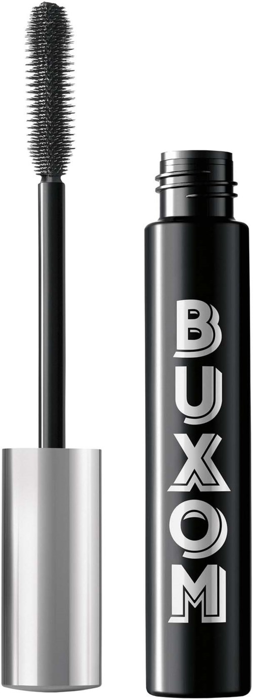 Een zwarte mascara tube met een zilveren dop en een mascara borstel ernaast.