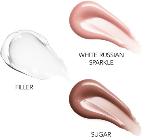Three skincare product swatches labeled as filler, white Russian sparkle, and sugar, in different shades and textures.