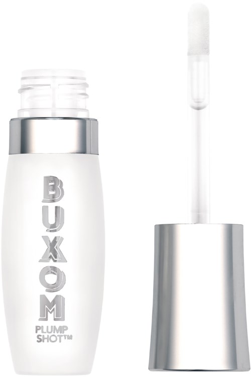 En hvit flaske med sølvhette og en lang dråpeteller, merket 'BUXOM PLUMP SHOT'.