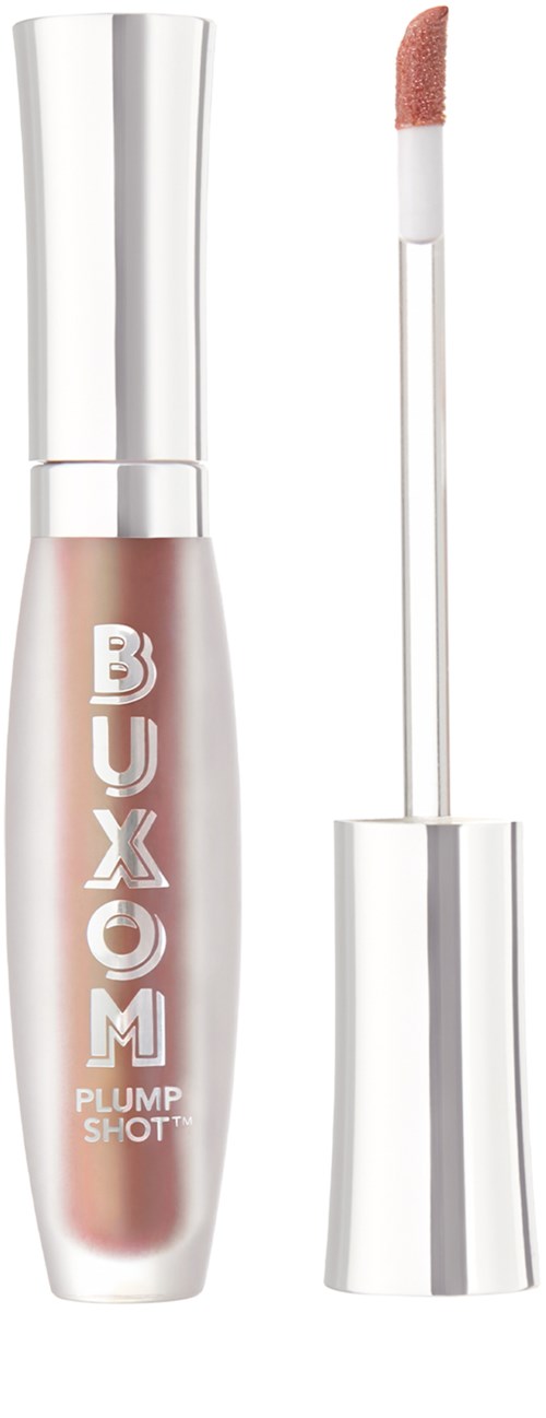 A lipstick tube labeled 'BUXOM PLUMP SHOT' with a wand applicator.