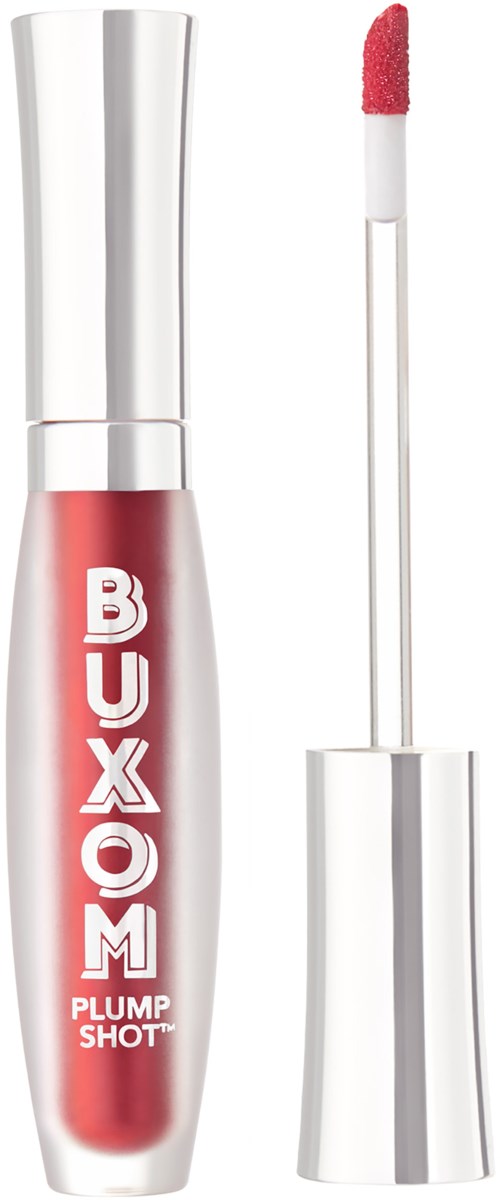 A lip gloss with a silver cap, red liquid inside, and a wand applicator. The brand is BUXOM, Plump Shot.