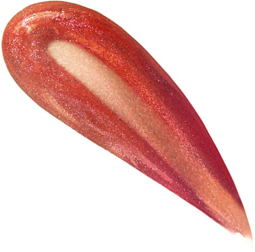 A teardrop-shaped object with red, orange, and pink sparkles, resembling a gemstone or decorative item.