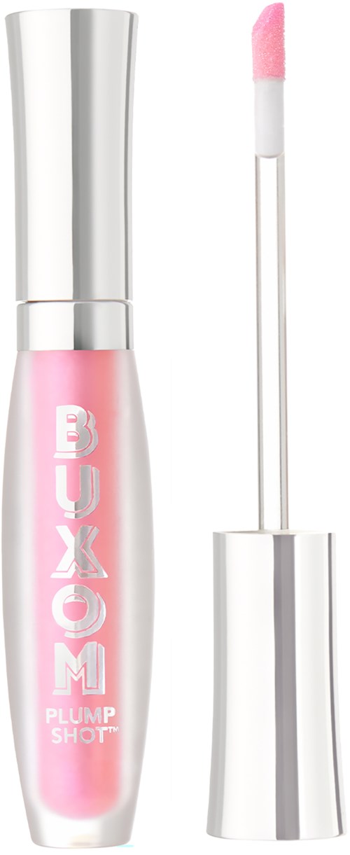 Ett rosa flytande läppstift i en genomskinlig tub med silverlock och applikatorstift.