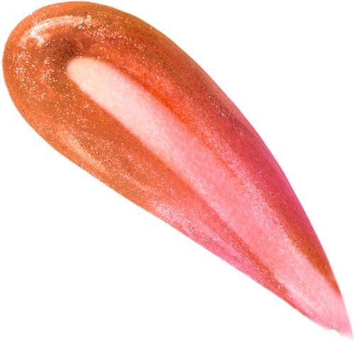 A brightly colored, pear-shaped object with pink, red, and orange hues and a shiny surface.