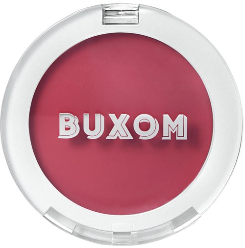 En rund blush-ramme med merkenavnet 'BUXOM' i store bokstaver på Lokket.