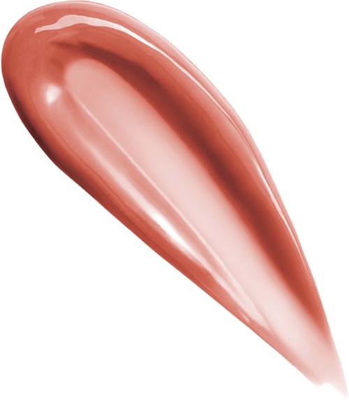 En slät, glänsande, roséguldfärgad makeupborste med en avsmalnande form.
