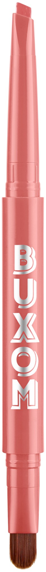 Rosa penna med suddgummens ände och en borste på andra sidan, märkt "BUXOM".