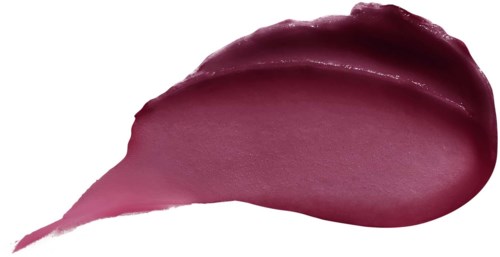 Ett streck av mörk rosa läppfärg, slätt och glansigt, på vit bakgrund.