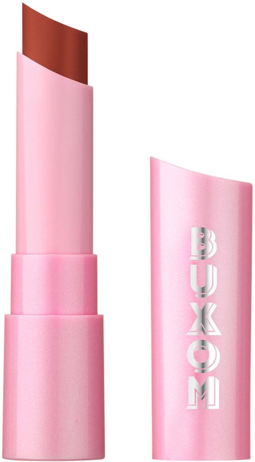 Ett brunt läppstift i ett rosa fodral med ordet "BOXOM" på locket.