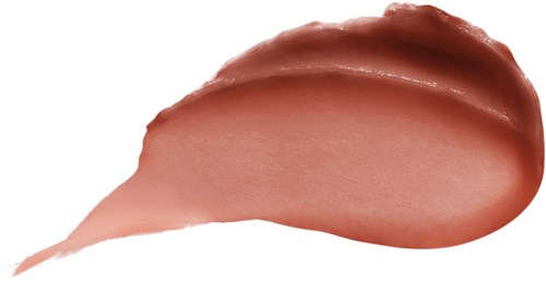 En stryk av ljusrosa eller beige smink eller läppstift med slät, glänsande textur på en vit bakgrund.