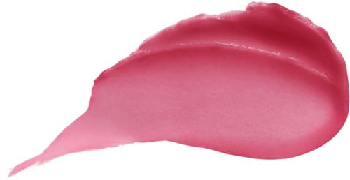 Rosa läppstiftsfläck på vit bakgrund, böjd form, glänsande och slät textur.