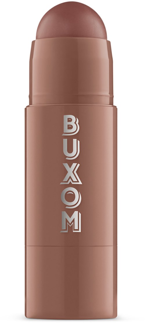 Beige pyöreä huulipuna, jossa on 'BUXOM'-merkki hopealehdillä, ja huulipuna on osittain esillä.