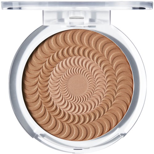 A round makeup compact with bronzer that has a spiral textured pattern inside.