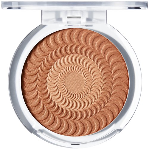 A compact powder with a detailed, swirling pattern in a circular case.