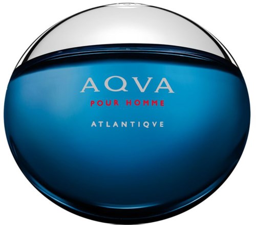 Eine runde Flasche mit blauem Inhalt, beschriftet 'AQVA POUR HOMME ATLANTIQVE'.