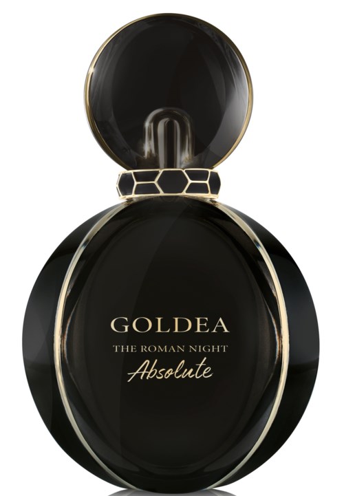 Eine schwarze Parfümflasche mit goldenen Akzenten, beschriftet 'GOLDEA THE ROMAN NIGHT Absolute', rund mit offenem Deckel.