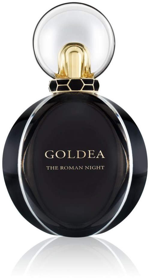 Schwarze Parfümflasche mit gold- und klarer runder Kappe, beschriftet 'GOLDEA THE ROMAN NIGHT'.