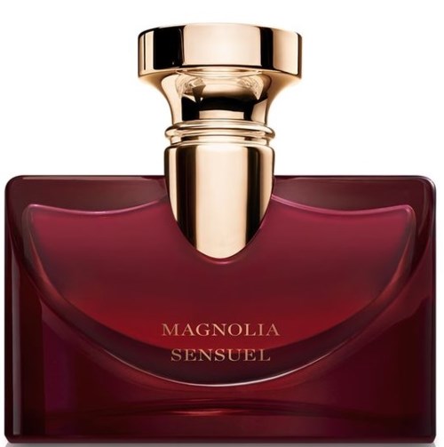 En parfymflaska med djupröd glas och ett guldlock, märkt Magnolia Sensuel.