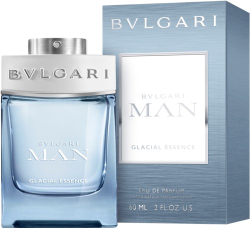 A bottle of Bvlgari Man Glacial Essence perfume and its box, both in blue and white colors.