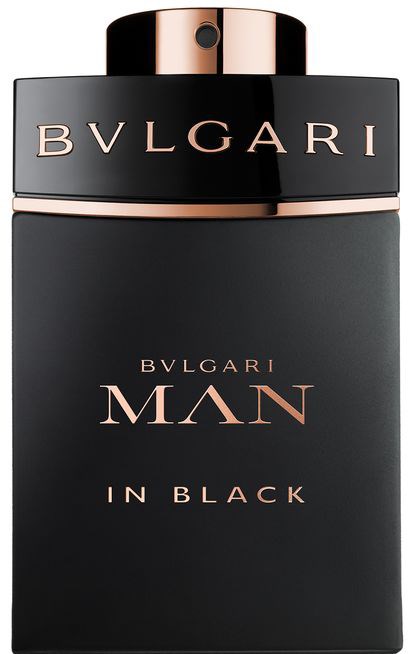 En svart parfymflaska med roséguldlock, märkt Bvlgari Man in Black.