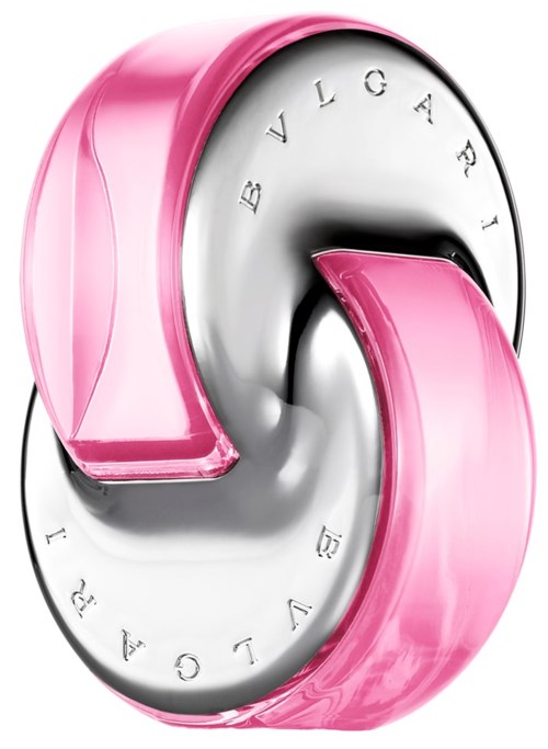 Ein Silber- und pinkfarbener BVLGARI-Logo-Ring mit modernem, geschwungenem Design. Markenname ist eingraviert.