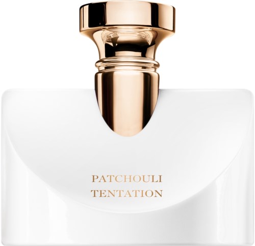 A perfume bottle with a white body, gold cap, and the words 'Patchouli Tentation' on it.