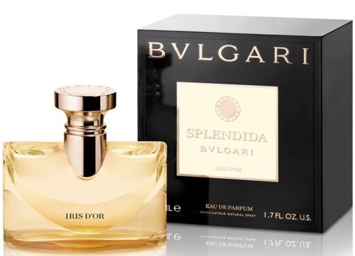 En parfymeflaske som heter Iris D'Or og en svart eske med Bvlgari og Splendida skrevet på.