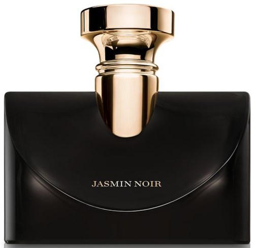 A perfume bottle with a black body and a gold cap, labeled 'Jasmin Noir'.