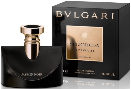 A black perfume bottle with a gold cap and a black box labeled Bvlgari and Jasmin Noir.