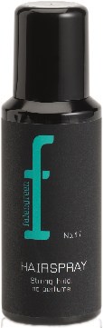 En svart flaska med etiketten 'Hairspray', med en turkos logga och text, för stark fixering.