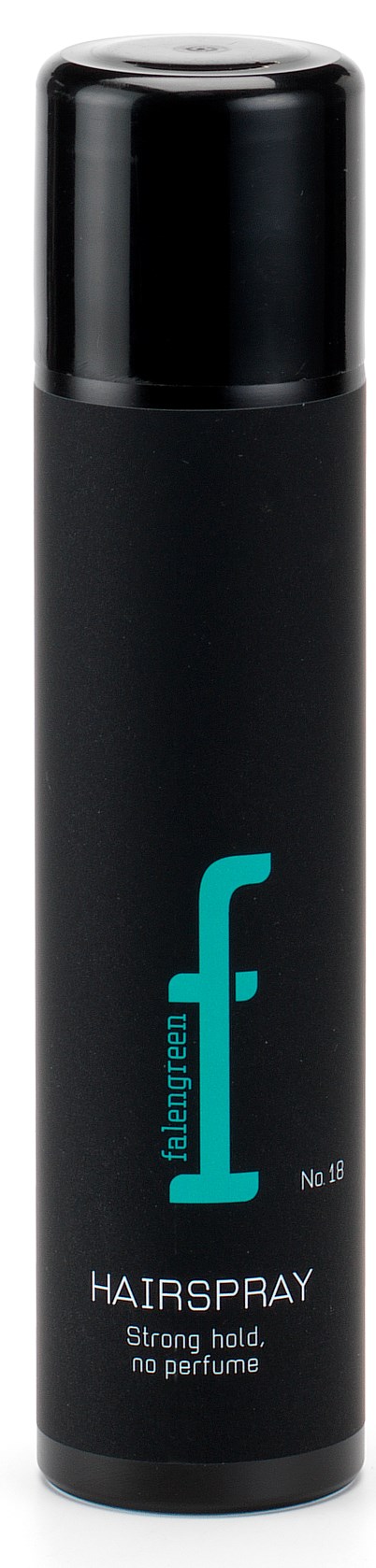 En svart hårsprayflaska med blå text och svart lock, märkt som "Hairspray" och "Strong hold".