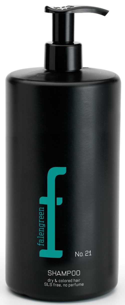 En svart schampoflaska med pump, märkt "flauren" och "No. 21". Den är för torrt, färgat hår.
