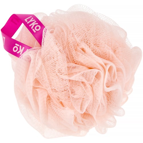A pink shower loofah with a purple ribbon that says 'LYKO'. The loofah is fluffy and made of mesh.