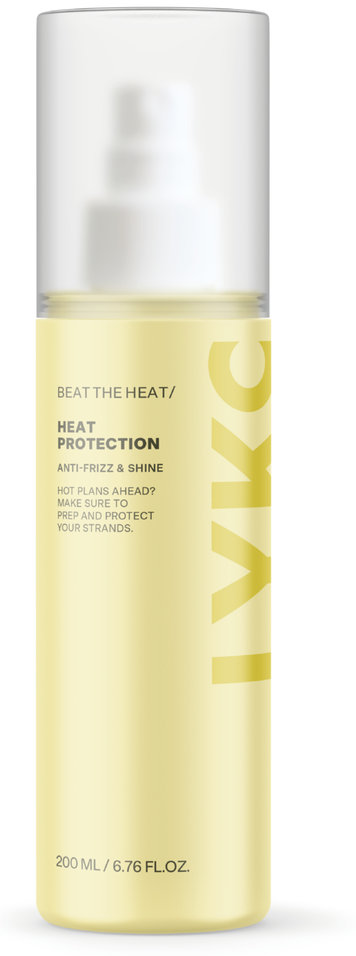 Eine gelbe Flasche mit weißem Pumpaufsatz und durchsichtigem Deckel, beschriftet 'Pack' und 'Heat Protection'.