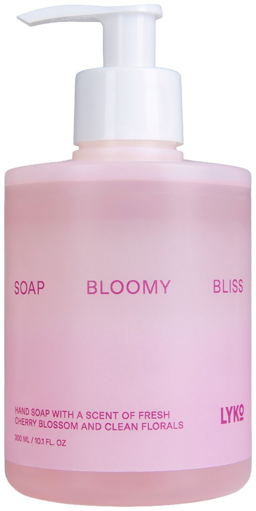 Pink tvålflaska med pump, märkt 'BLOOMY' och 'SOAP', doft av körsbärsblomma och blommiga dofter.