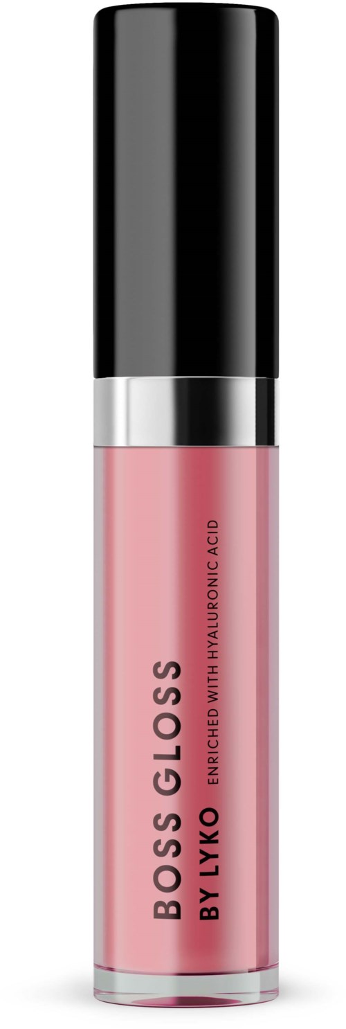 En leppepommetube med svart hette, rosa væske, og tekst om hyaluronsyre inni.