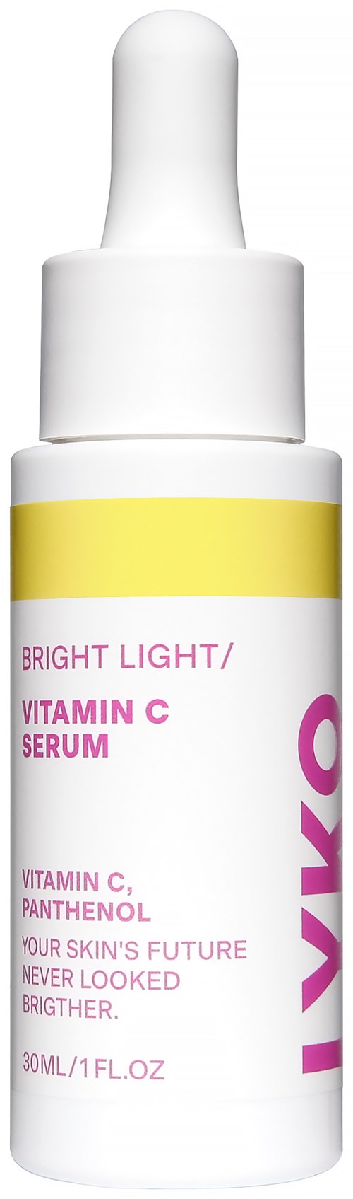 A small white bottle with a dropper cap, labeled 'Vivo Bright Light Vitamin C Serum,' with pink and yellow accents.