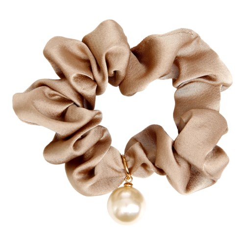 Lysebeige håraccessory med en stor perle hjul, der hænger.