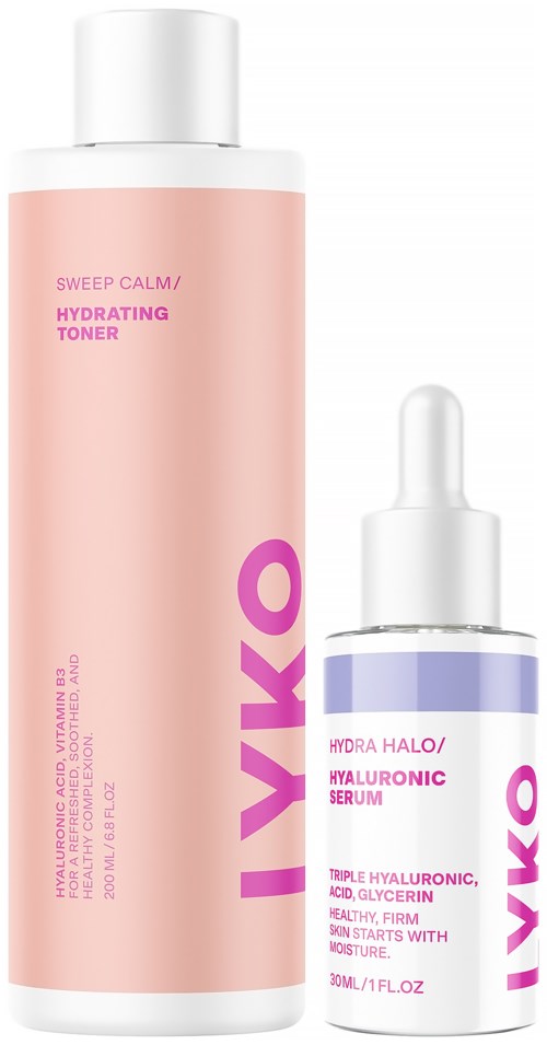 Two skincare bottles, one tall pink with text about hydrating toner, and a smaller clear bottle with a dropper, serum description.