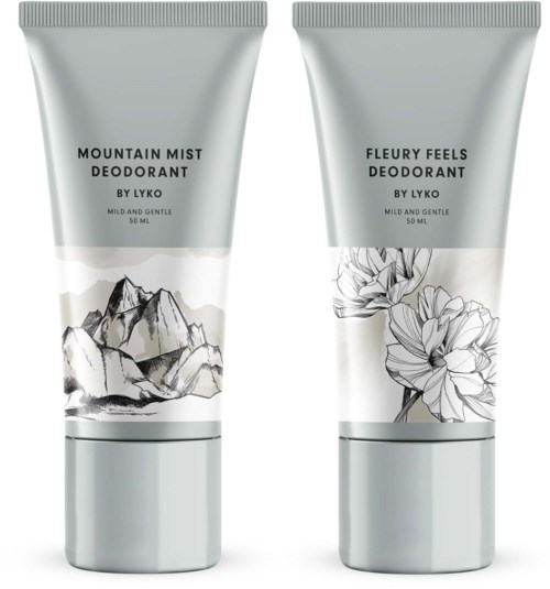 Två vita deodoranttuber med berg- och blomillustrationer, märkta Mountain Mist och Fleury Feels, från Lyko.