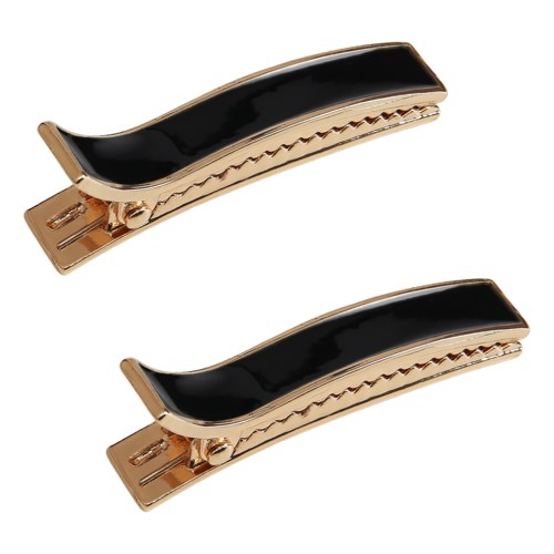 Two gold and black hair clips with curved design and zigzag pattern.