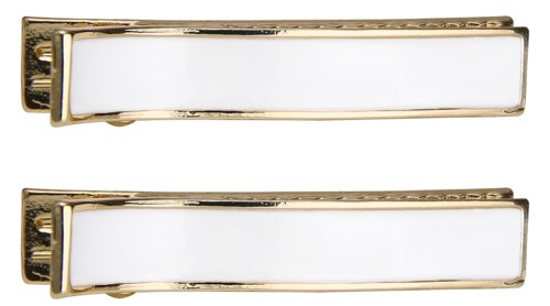 Zwei goldene Haarspangen mit weißen Mittelteilen sind horizontal angeordnet.