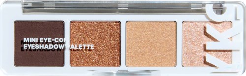 En rektangulær øjenskyggepalette med fire nuancer: mørkebrun, glitter kobber, lys beige og en skinnende rosefarve.
