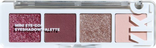 Et lille øjenskygge palette med fem farver: pink glitter, mørk pink, guldglimmer, lys pink og pink bogstaver der staver "NYX."