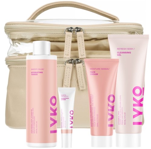 Travel bag with skincare products including toner, face cream, gel, and cleanser in pink and white bottles.