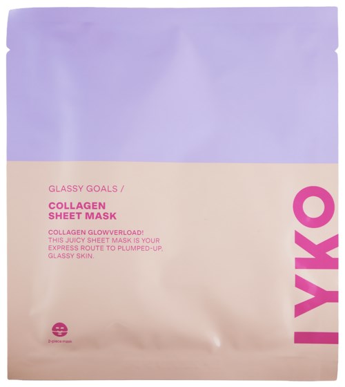 Pink och lila förpackning för kollagenbladmaskning med ljus text och logotyp.
