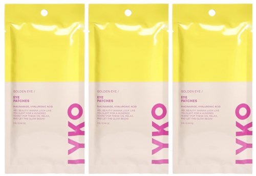 Tre förpackningar med ögonpatcher, gula och rosa förpackningar, märkta 'IYKO' och 'Golden Eye' med innehållsförteckning.